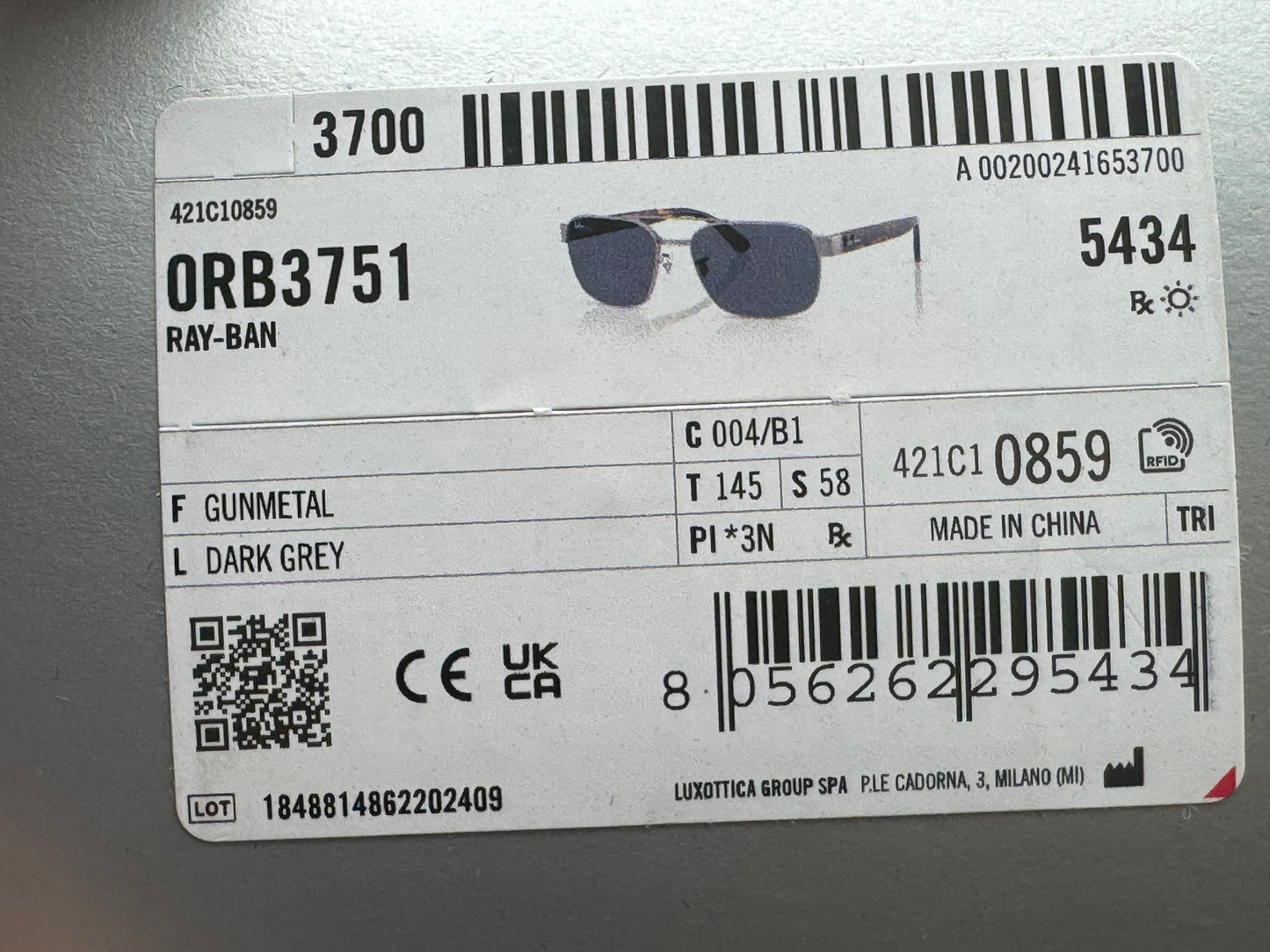 Ray-Ban RB 3751 58mm Gunmetal / Dark Gray 004/B1 NEW