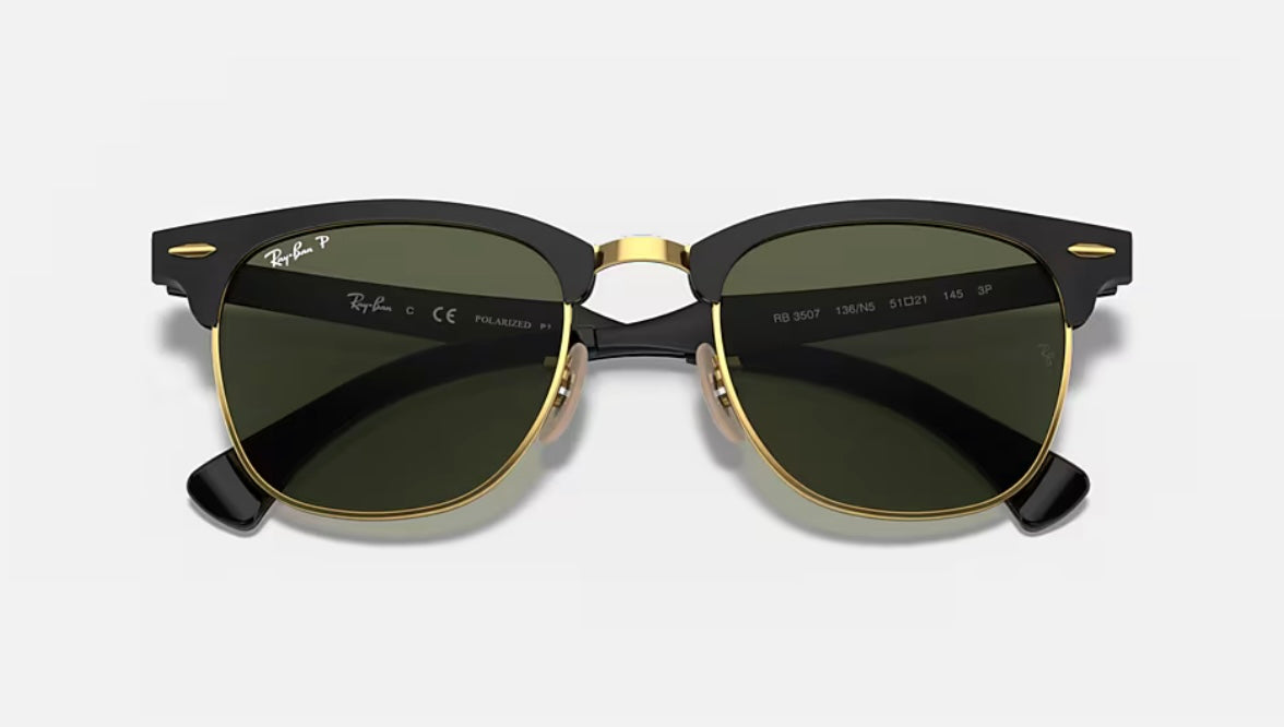 Ray Ban Clubmaster Aluminum 51mm RB 3507 Polarized G 15 Black Gold New