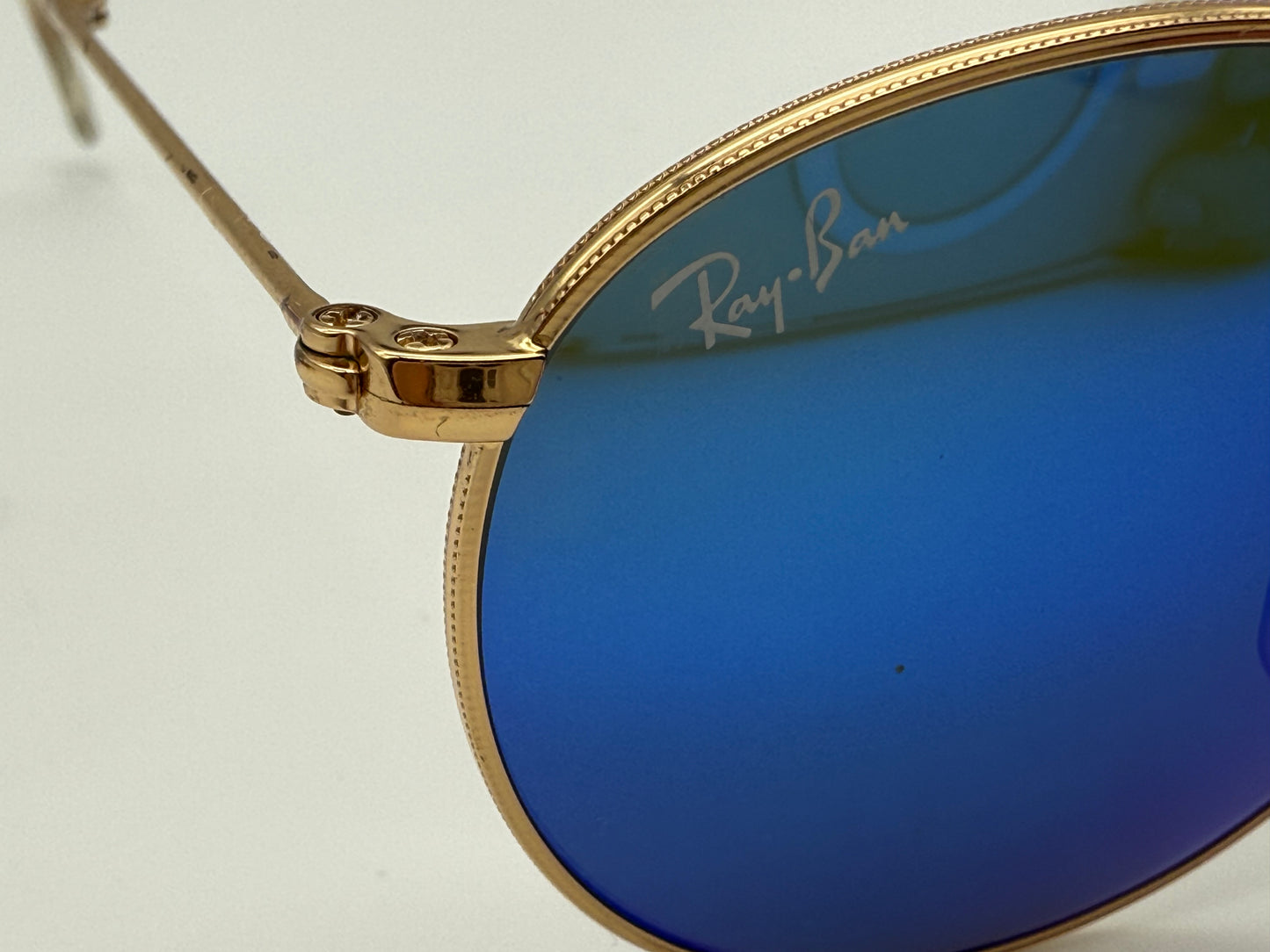 Ray-Ban Round Metal Folding RB 3532 Gold / Blue Flash Mirror 47mm 001 / 68 Italy Preowned