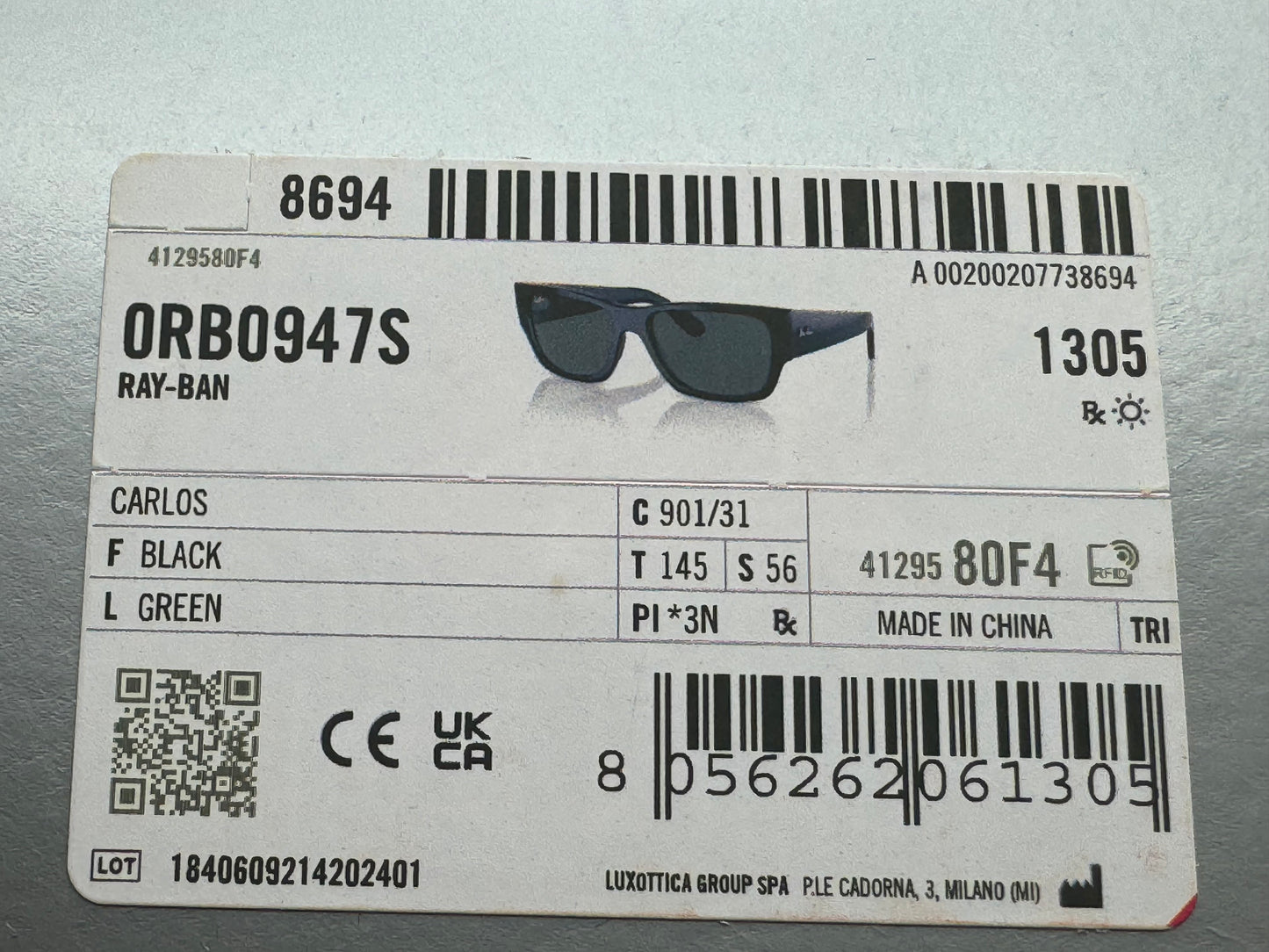 Ray-Ban Carlos RB 0947 56mm Black / G-15 901/31 NEW