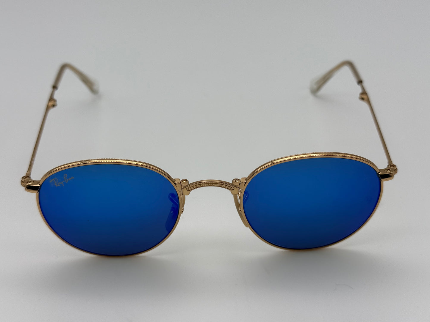 Ray-Ban Round Metal Folding RB 3532 Gold / Blue Flash Mirror 47mm 001 / 68 Italy Preowned