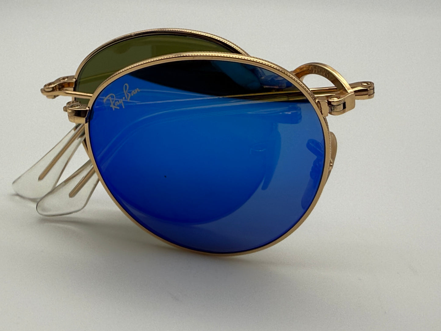 Ray-Ban Round Metal Folding RB 3532 Gold / Blue Flash Mirror 47mm 001 / 68 Italy Preowned