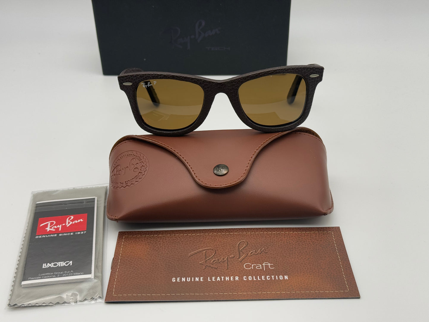 Ray-Ban Wayfarer Genuine Leather Craft 50mm RB 2140 QM 1153 / N6 Brown Polarized P3 Plus Lens Preowned