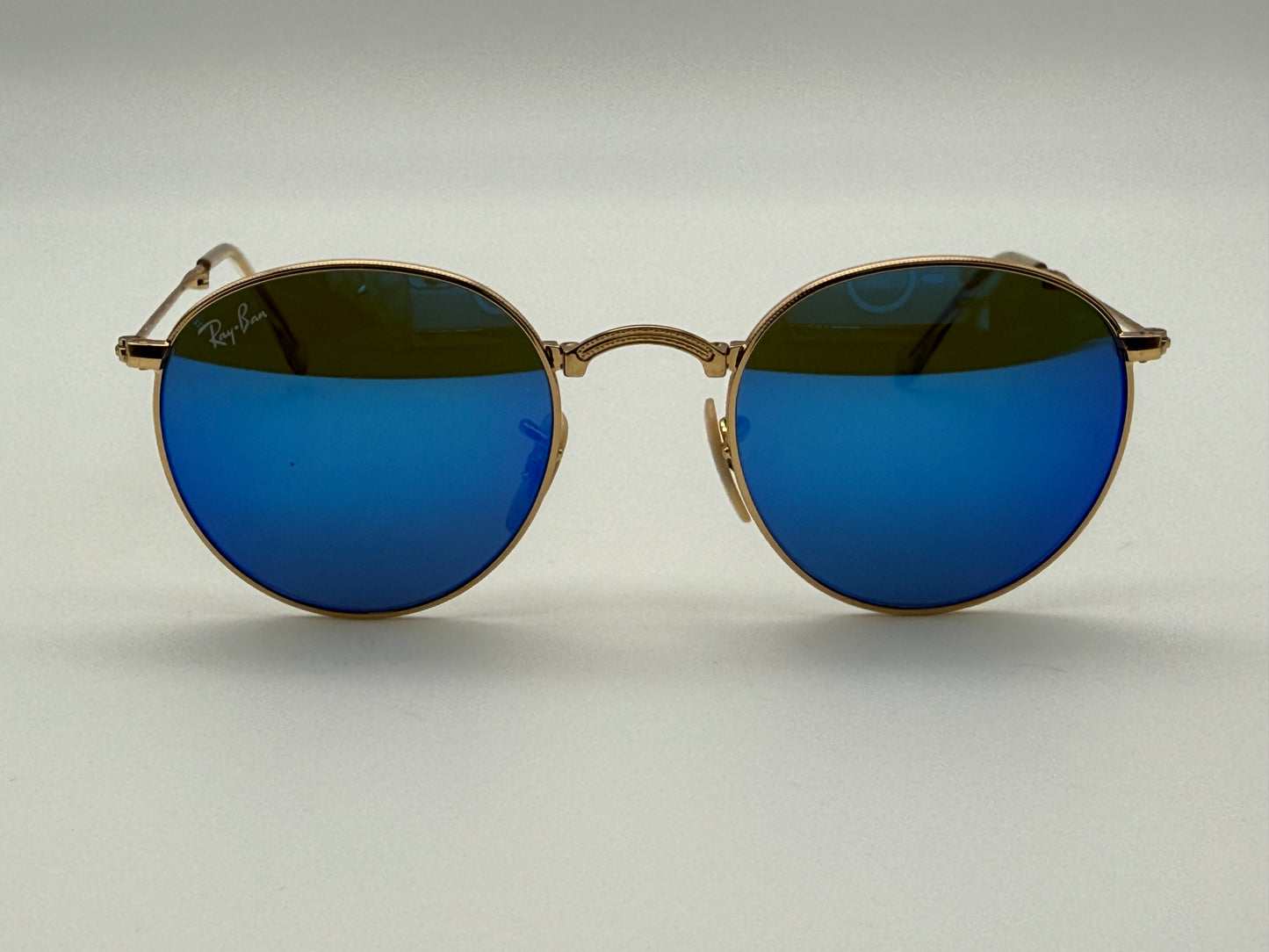 Ray-Ban Round Metal Folding RB 3532 Gold / Blue Flash Mirror 47mm 001 / 68 Italy Preowned