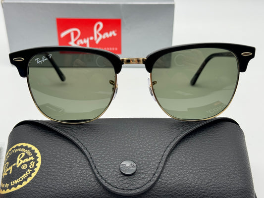 Ray Ban Clubmaster 55mm Large RB 3016 Black / Gold G-15 Polarized 901/58 ITALY NEW