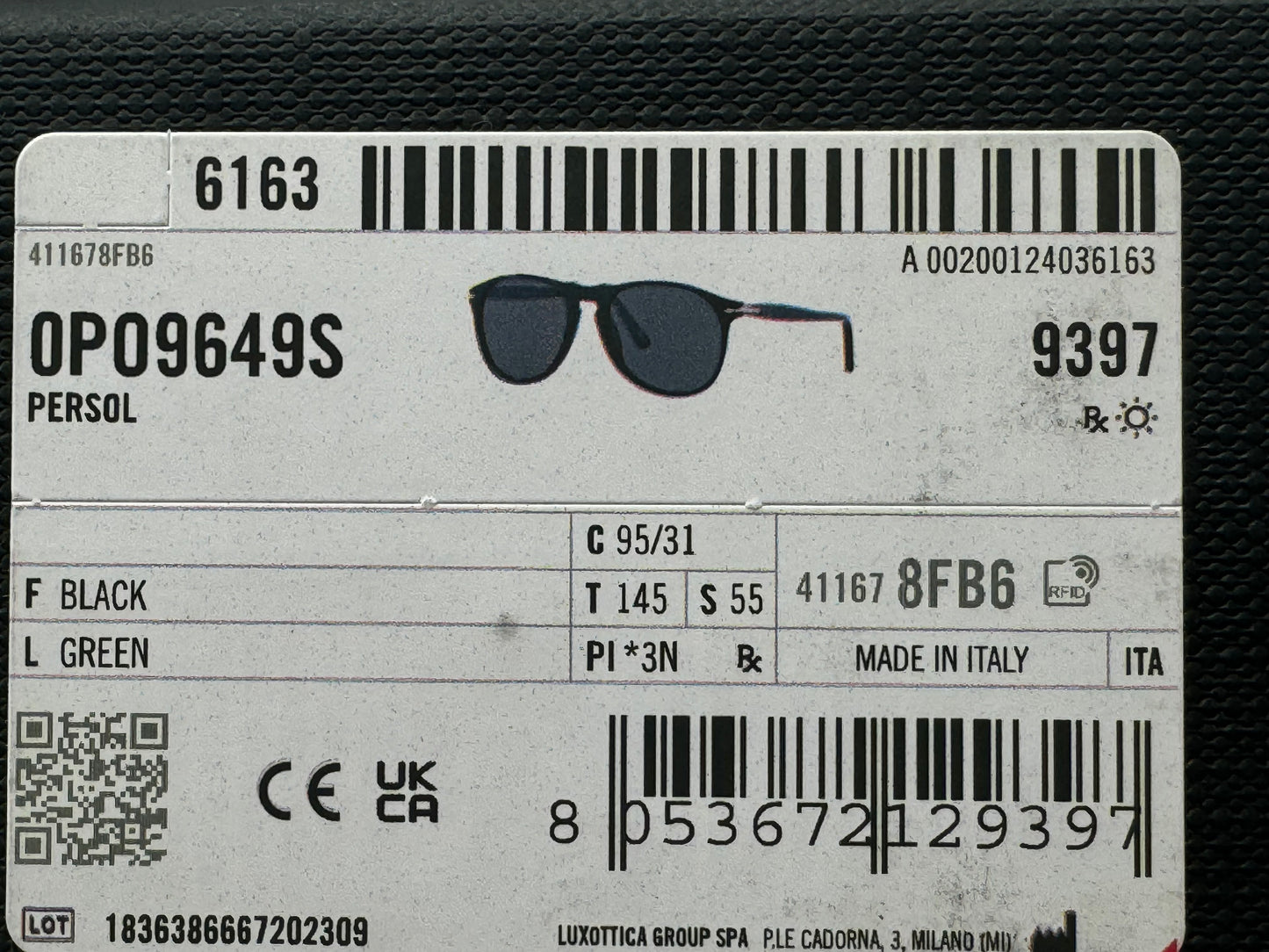 Persol PO 9649 55mm Black / Green 95 / 31 Italy NEW