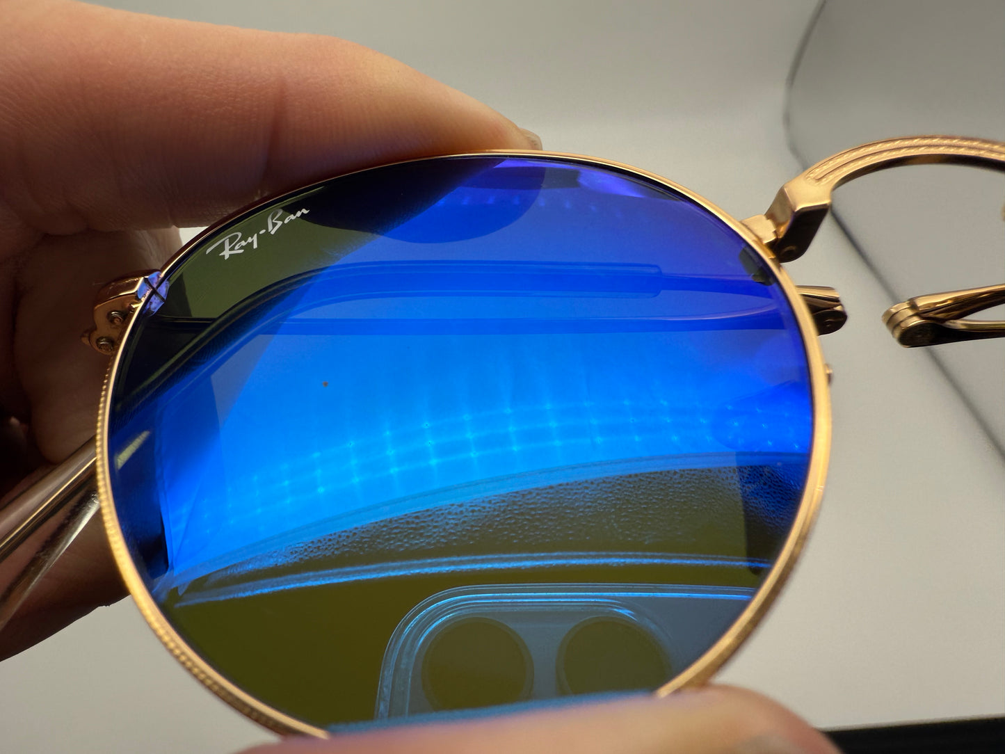 Ray-Ban Round Metal Folding RB 3532 Gold / Blue Flash Mirror 47mm 001 / 68 Italy Preowned