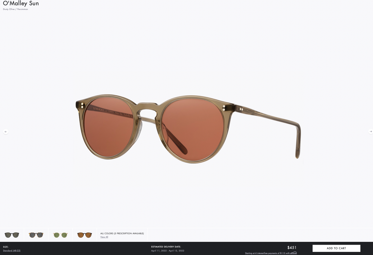 Oliver Peoples O'Malley Sun 48mm Dusty Olive Frames Persimmon Lenses